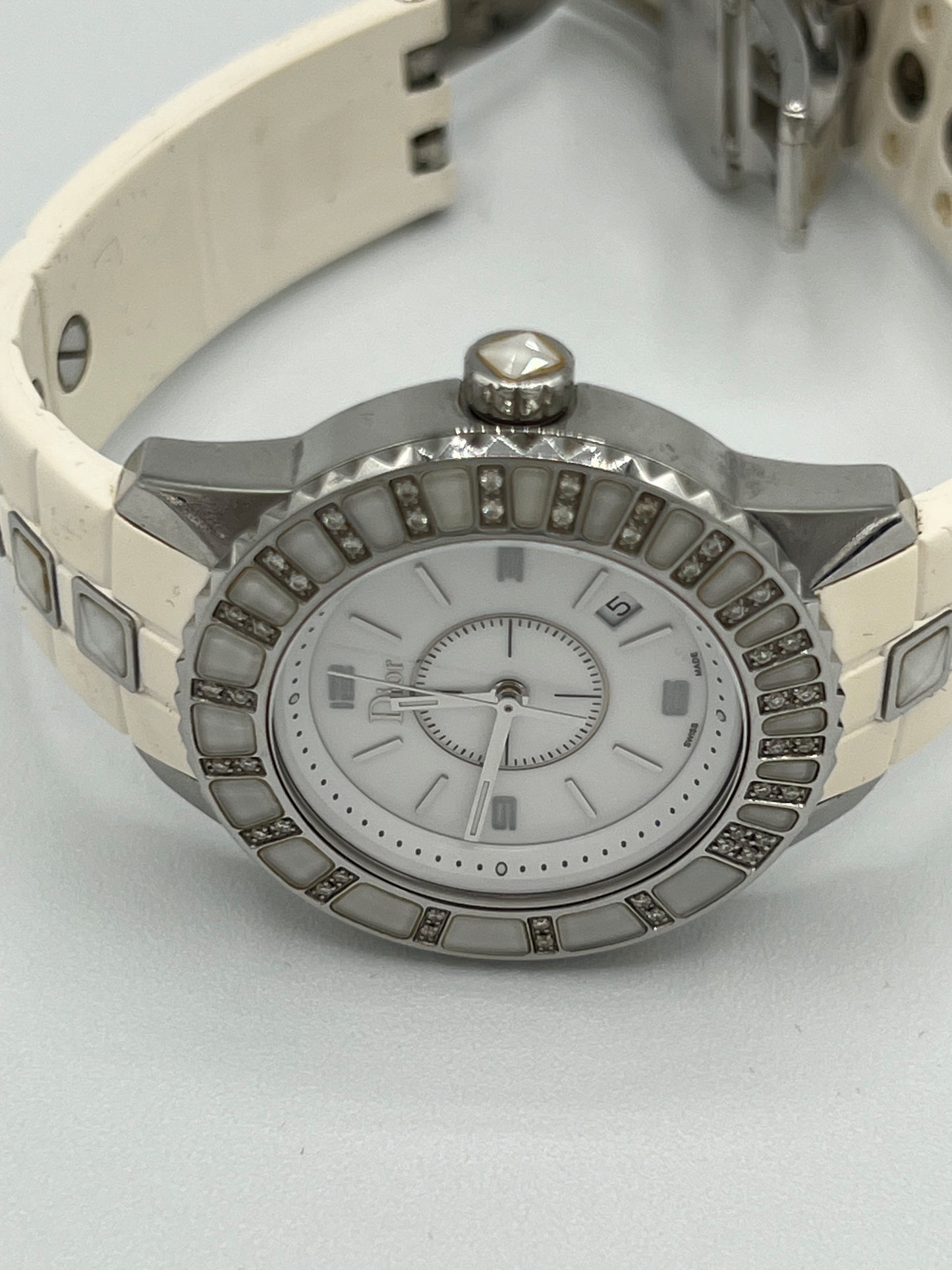 Christian Dior White Christal Watch with Diamond Bezel