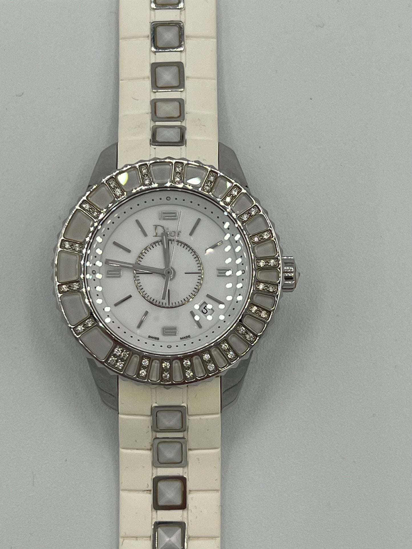 Christian Dior White Christal Watch with Diamond Bezel