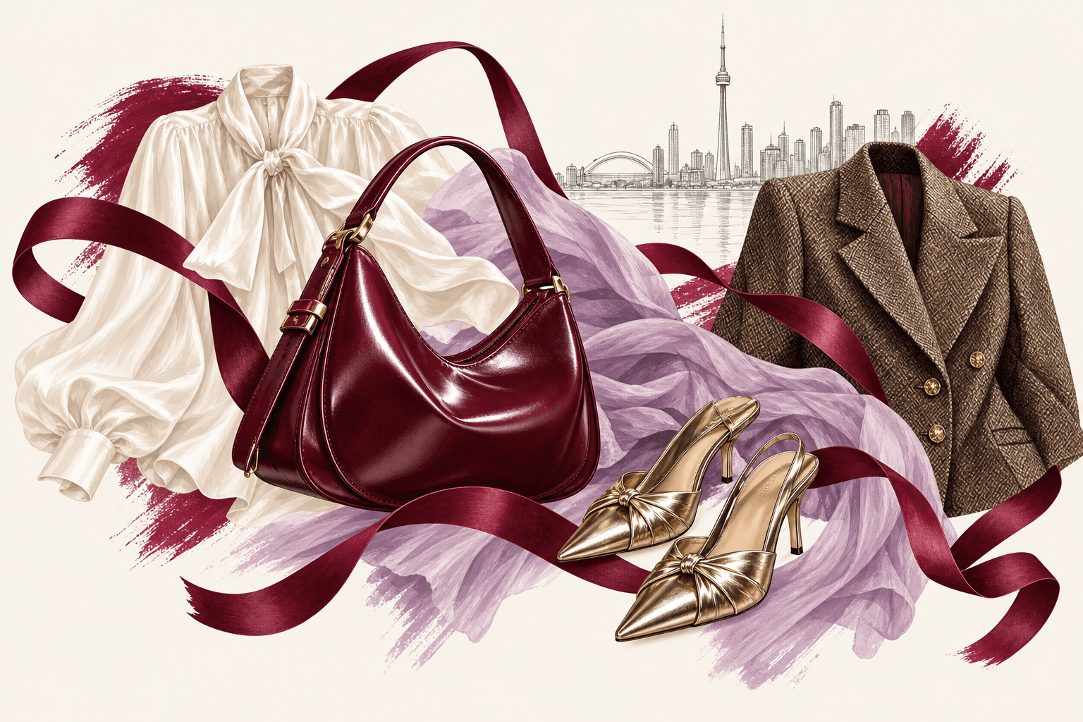 Bold fashion illustration of a glossy burgundy shoulder bag, ivory blouse, tailored jacket and gold heels, with flowing lilac fabric, a burgundy ribbon and Toronto's skyline.