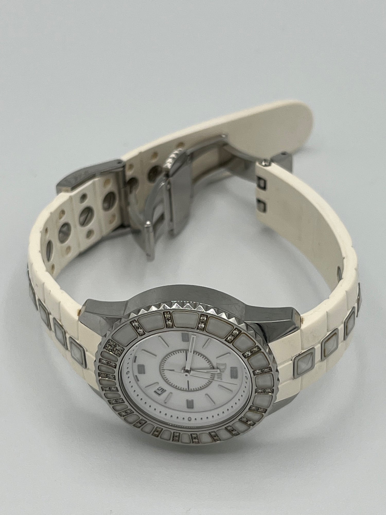 Christian Dior White Christal Watch with Diamond Bezel